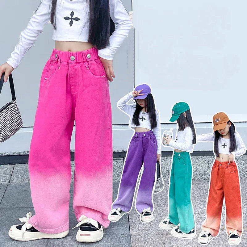 Jeans for Girls Candy Color Fashion Gradient Wide Leg Pants Children's Clothes Spring Autumn Teenager Cotton Streetwear Trousers